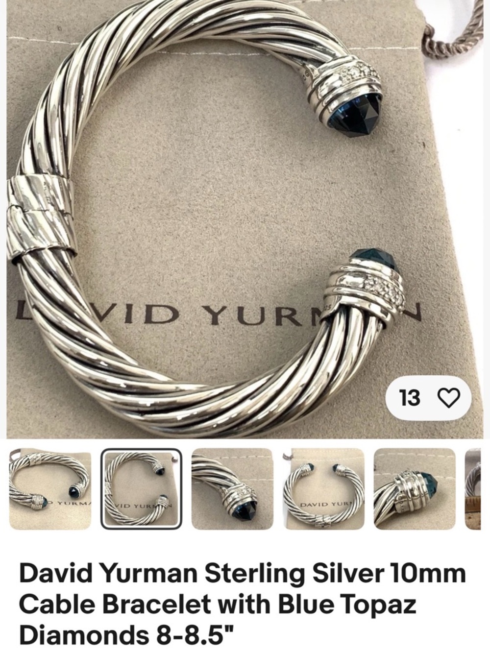 David Yurman signed Sterling Cable Cuff Bracelet with Blue Gemstone & Diamonds - Picture 2 of 7